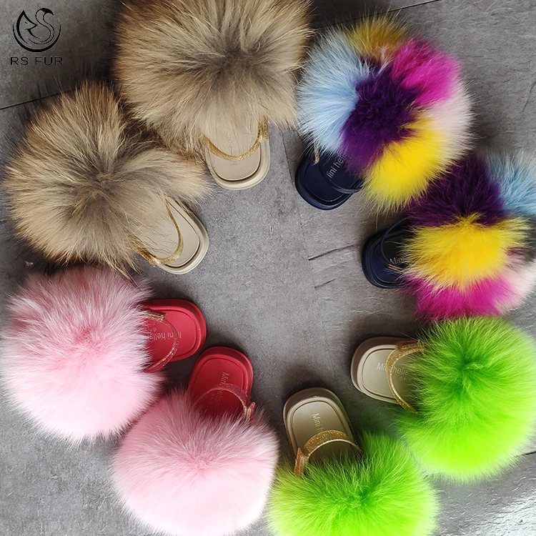 

Multicolor genuine super soft fox children baby fur slippers kids fur slides wholesale, Pink,yellow,white,black,green,or custom