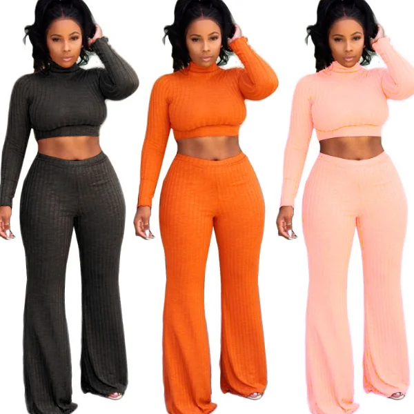 

SP3857A Rib O-neck Blouse Wide Leg Pants Women Casual Set, N/a