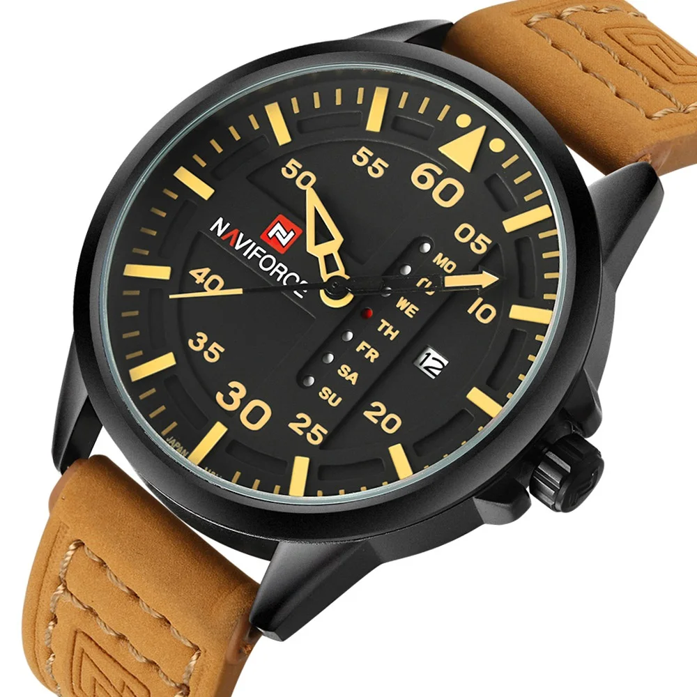

NAVIFORCE 9074 Men's Quartz Date Clock Man Luxury Brand Men Army Military Watches Leather Strap Sports Wrist Watch Relogio Mascu, 4 colors