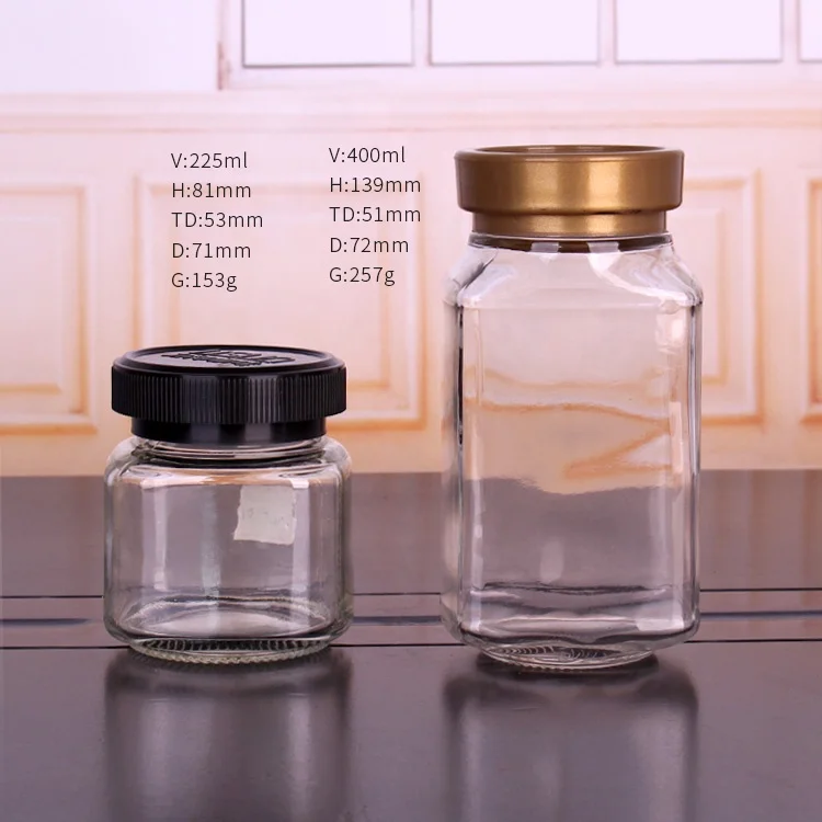 
wholesale 400ml square food grade glass coffee bean storage jar with plastic lid 