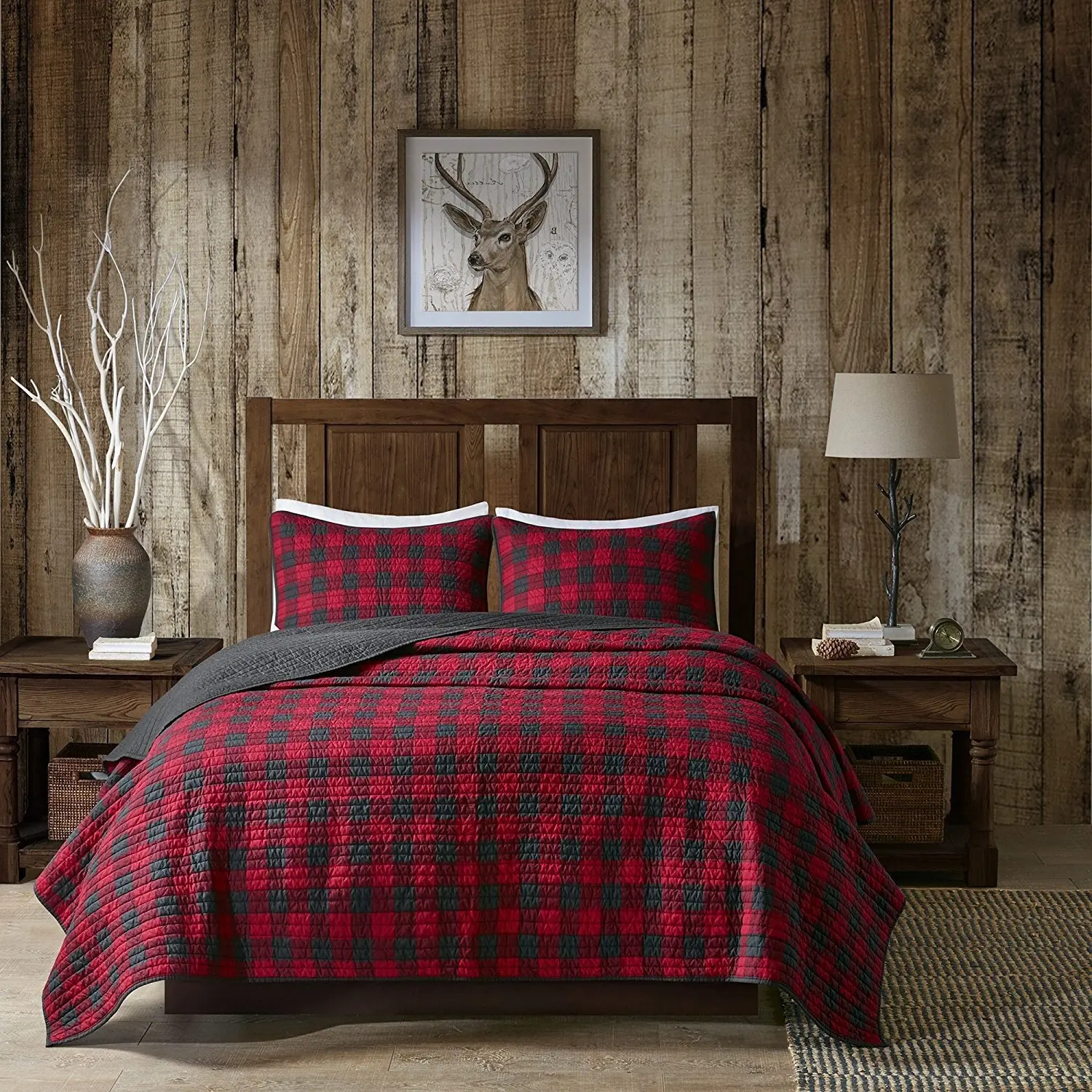 OSD 3pc Black Red Classic Plaid Quilt King/Cal King Set, Cotton, Tartan Checked Pattern Bedding Cabin Lodge Themed Madras Checkered Squares Southwest Western Patchwork Solid Color
