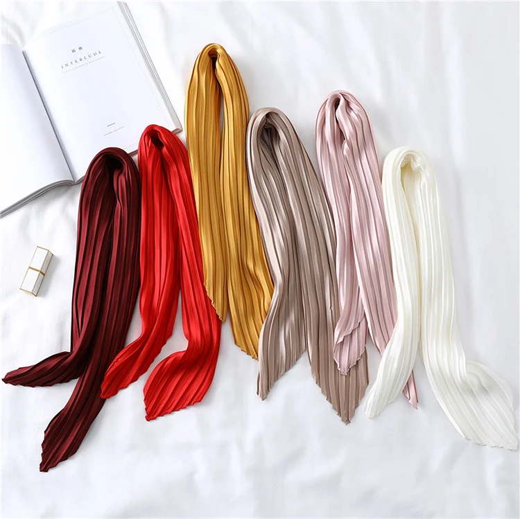 2019 Custom Printed Hair Silk Scarves Ladies Wholesale Fashion Solid Color Pleated Satin Silk Square Neck Scarf Women 