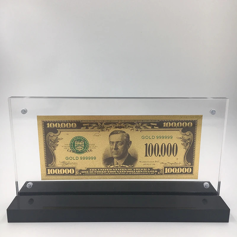 

Christmas gifts for kids 24K gold Foil metal play money gold dollar bill 100000 US Dollar with acrylic frame