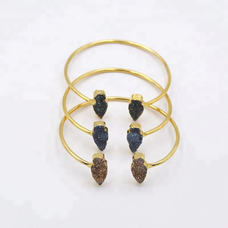 

Wholesales Natural crystal druzy bangle wedding bracelet double arrows cuff gold plated jewelry for girls, Rainbow wedding bracelet