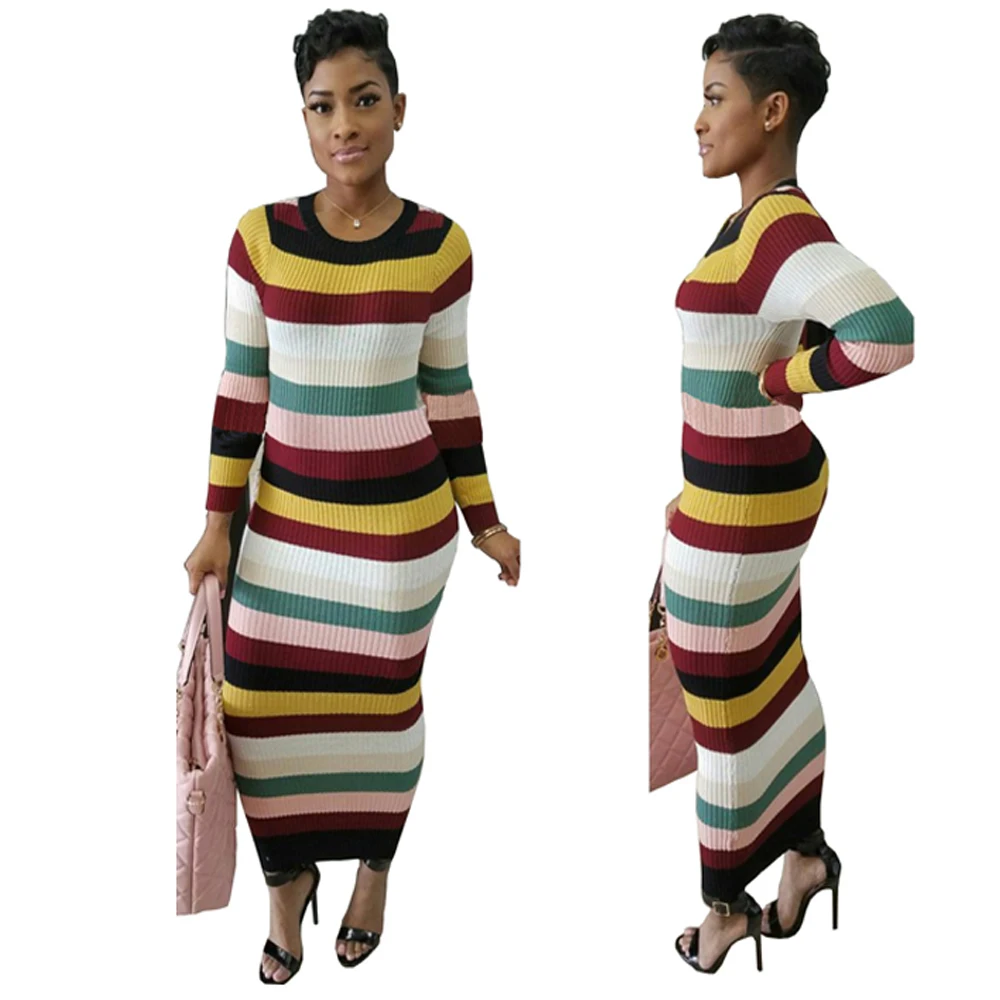 

Factory Price Striped Knit Long Sleeve Stretchable Slim Fit Casual Long Dress, As shown