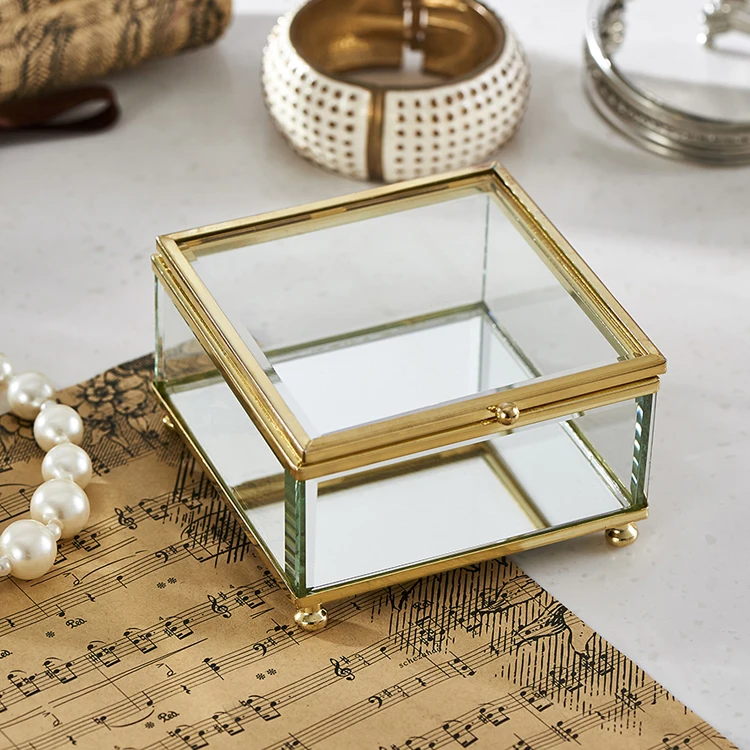 Customized Glass Jewelry Box,transparent Glass Box With Gold Frame 