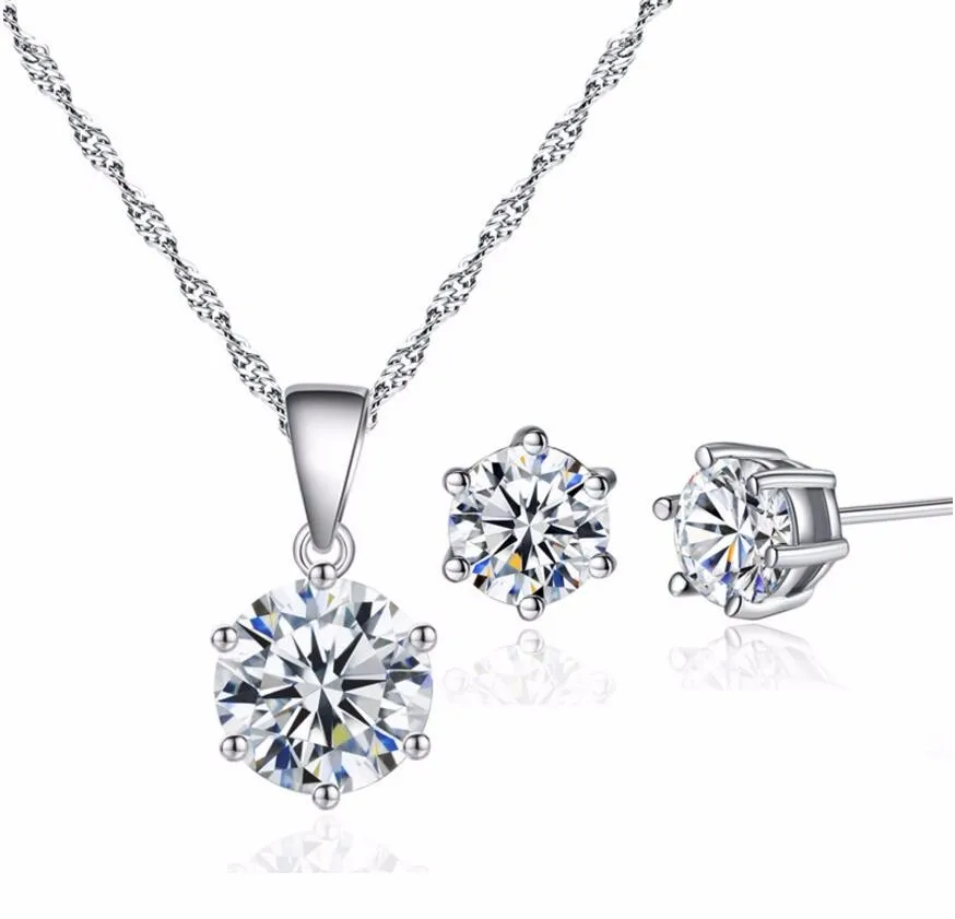 Classic Aaa Round Cubic Zirconia Six Claw Necklace And Earrings Jewelry ...