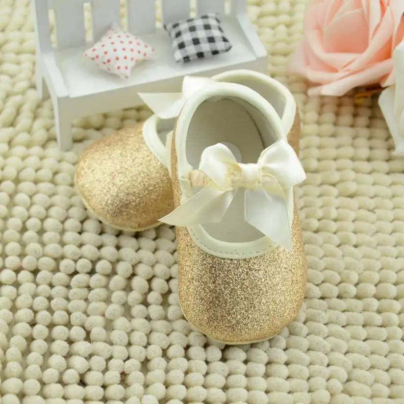 Glitter Baby Shoes Flash Gold Bow Soft 