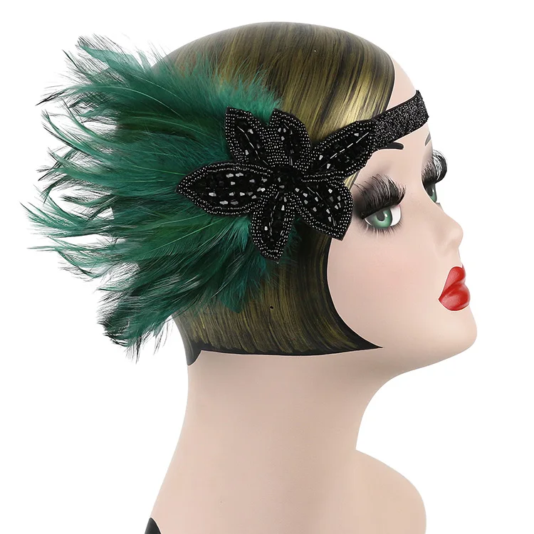 Bottle Dark Green Black Feather Headpiece 1920s Headband Flapper Gatsby 6618 