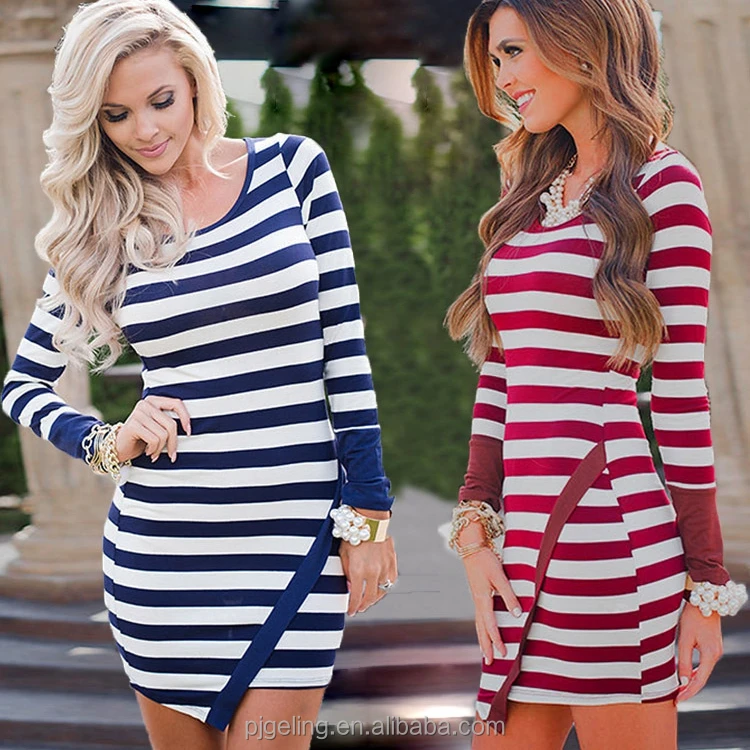 

Stripe Pattern Long Sleeve Irregular Bodycon Dress, Red;blue