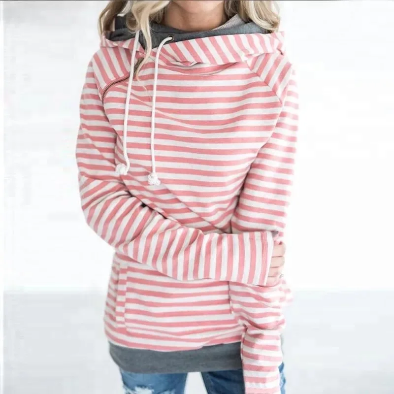 

D25 Striped hoodie sweater with zipers Double hood hoodies sweatshirt Women Autumn Winter Long Sleeve side zipper Hooded Casual, N/a