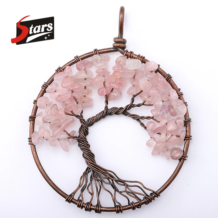 

Handmade Vintage Jewelry Bent Tree Of Life Necklace For Women Rose Quartz Love Stone Wire Wrap Necklace, Pink