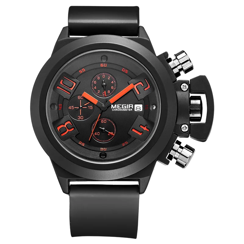 

MEGIR Men's Casual Quartz Watch 3D Engraved Dial Black Silicone watches men Waterproof Military Sport Watch for Man