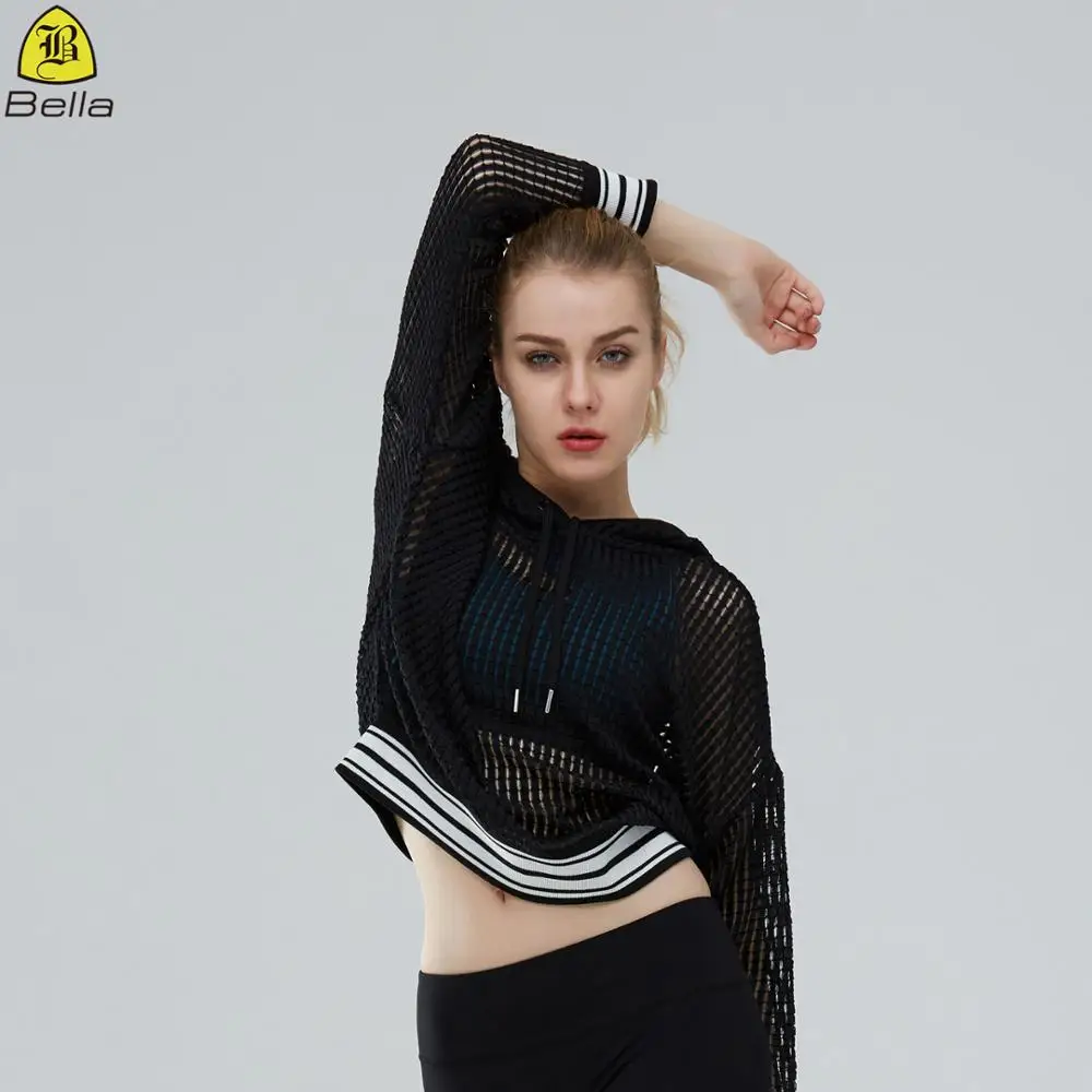 

Athletic clothing hollow perspective yoga women sports hoodie, Black or white