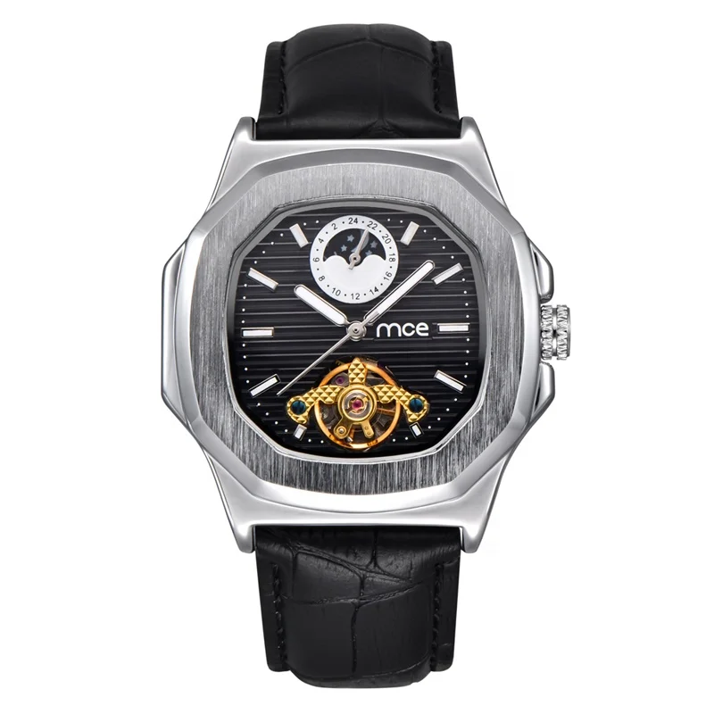 

Silver Square Case Leather Band Men Automatic Mechanical Watch