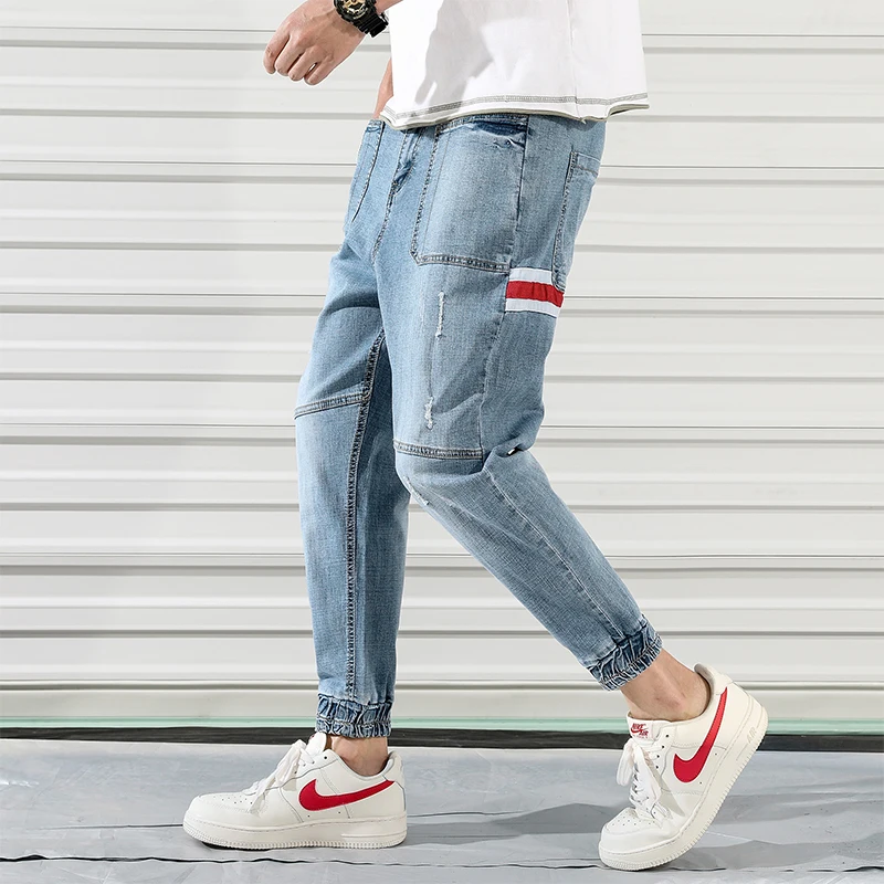 

Red Decoration Light Blue Wash Slim Fit Mens Denim Jeans Jogger Pants