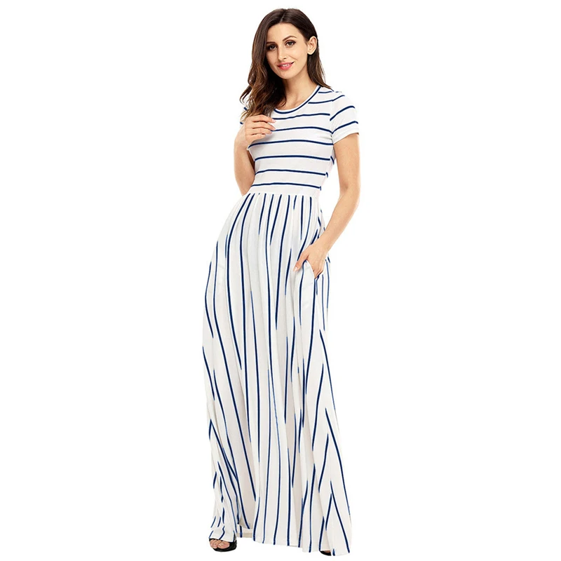 

Elegant Women O-Neck Short Sleeve Striped Maxi Dresses With Pockets