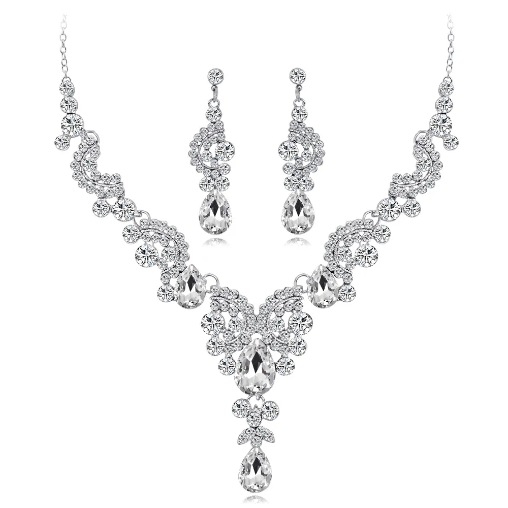 

2019 Elegant Flower Bridal Wedding Jewelry Sets for Women Clear Crystal Engagement Necklace Earrings Sets (KJ053), Same as the picture