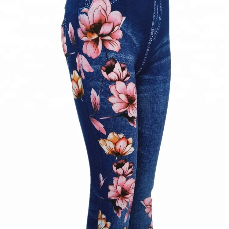 
Womens seamless print flowers sliming jeans legging jegging high elastic denim jean pants 