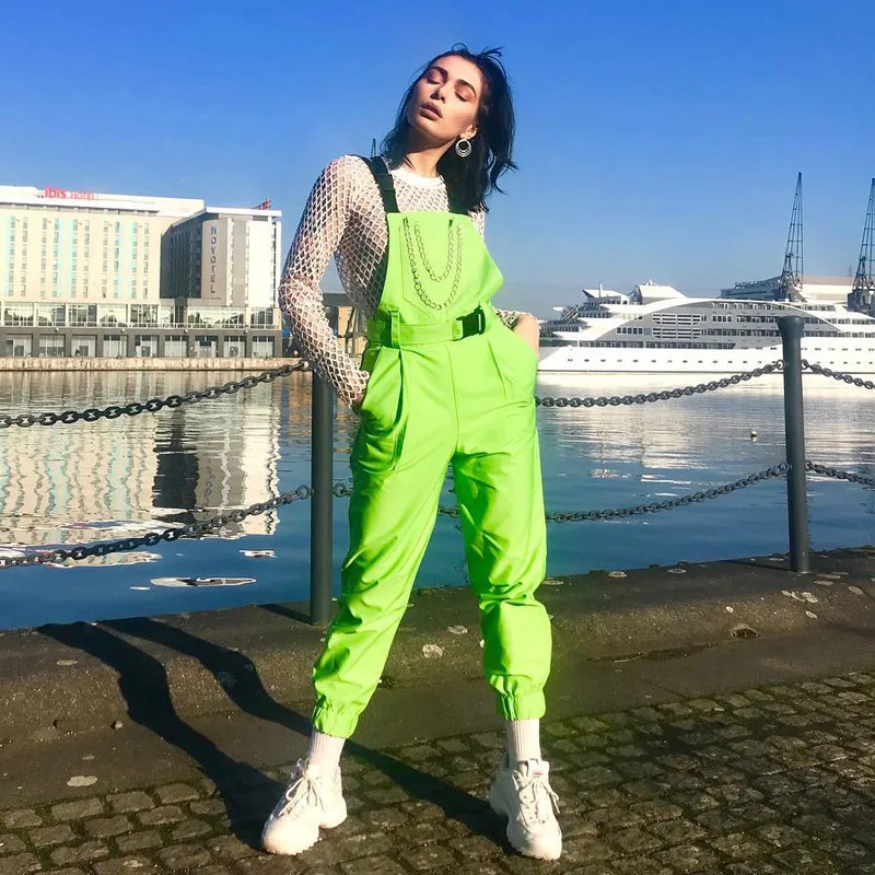 

Newest Fashion Neon 100%Polyester Metal Chain Sleeveless With Belt Jumpsuits, Green;black