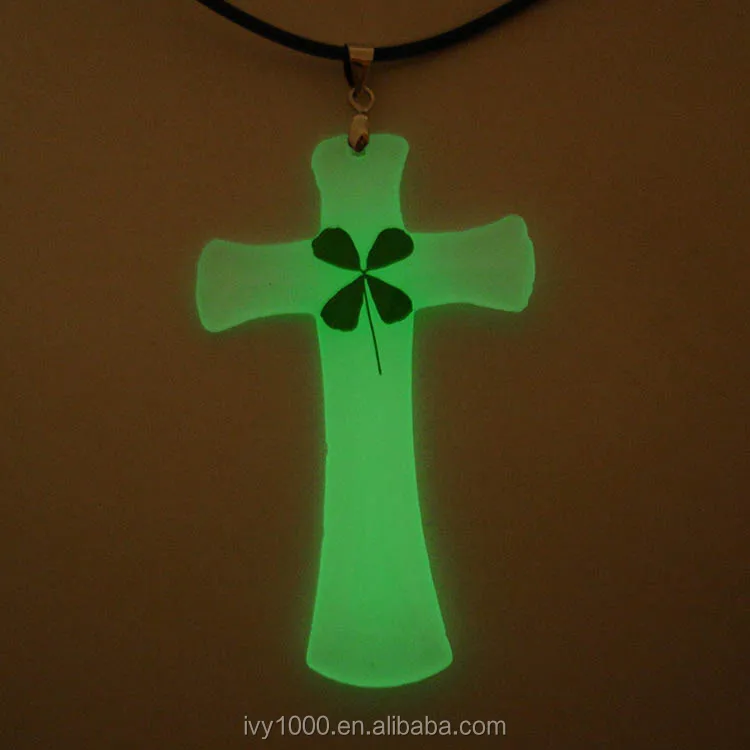 

Jesus Cross Clear Resin Green 4 Leaf Clover Necklace Pendant luminous Souvenirs Gift, Different color
