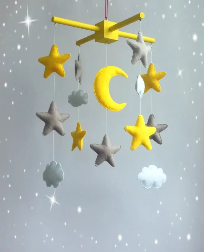 Star Baby Mobile Grey Yellow Mobile Moon Mobile Cloud Crib Mobile