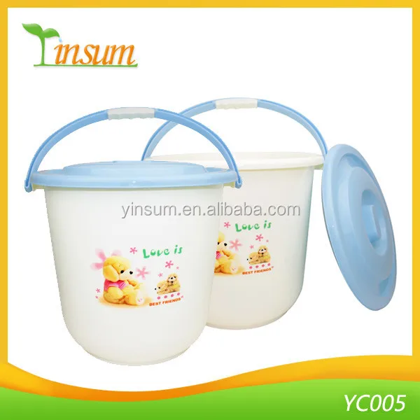 small coloured plastic buckets