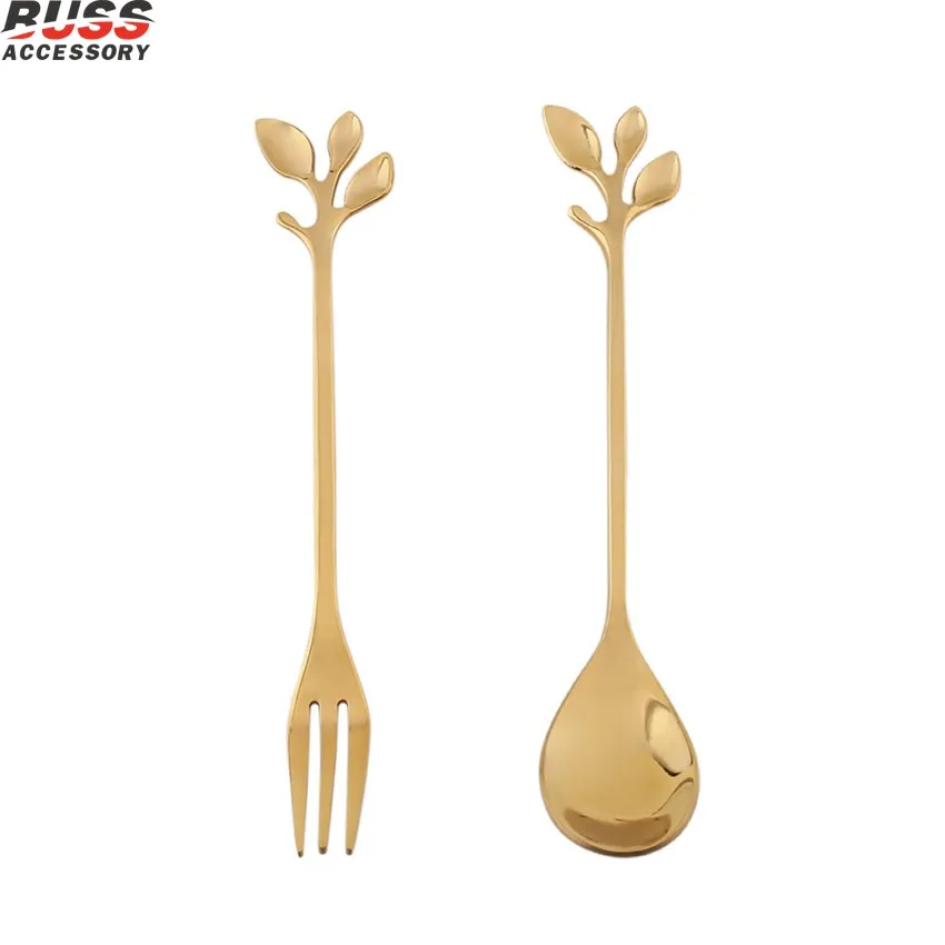 

D94 Stainless Steel Dinner Cutlery Gifts Creative Leaf Shape Handle Coffee Stirring Teaspoon Dessert Scoop Fork Spoon