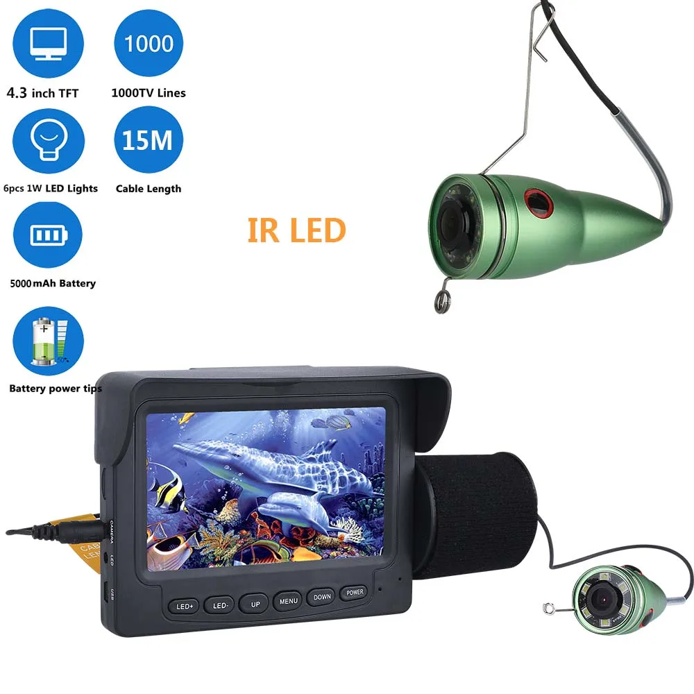 

15M 1000TVL Fish Finder Underwater Fishing Camera 4.3" LCD Monitor 6PCS 1W IR LED Night Vision Camera For Fishing