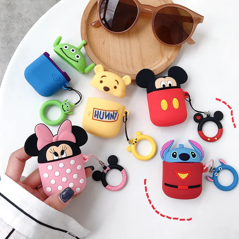 

Bluetooth Earphone Case for Airpods Cover Bag Anti-lost Ring Strap Silicone 3D Cartoon Minnie Stitch Mickey, Colorful