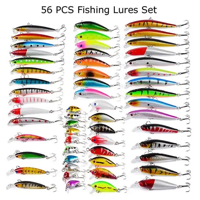 

Fishing Lures 56 pcs/set Kit Mixed Including Minnow CrankBait Hooks Saltwater Freshwater Trout Bass, Various colors