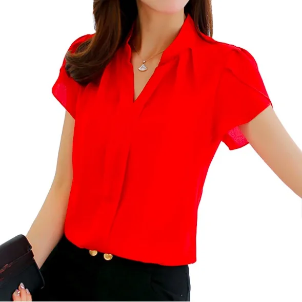 Women Shirt Chiffon Blusas Femininas Tops Short Sleeve Elegant Ladies Formal Office Blouse Plus Size Chiffon Shirt