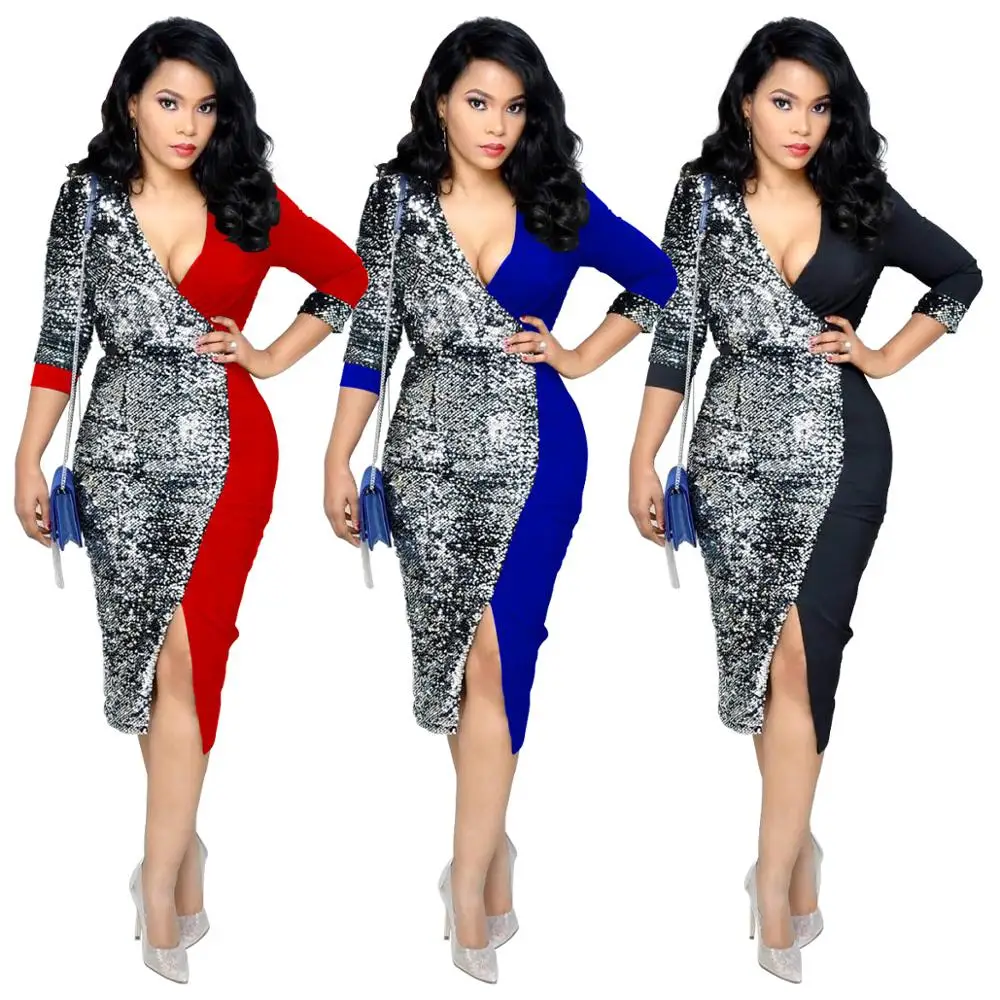 

06AF850 New design women deep V neck sequined patchwork slit dress