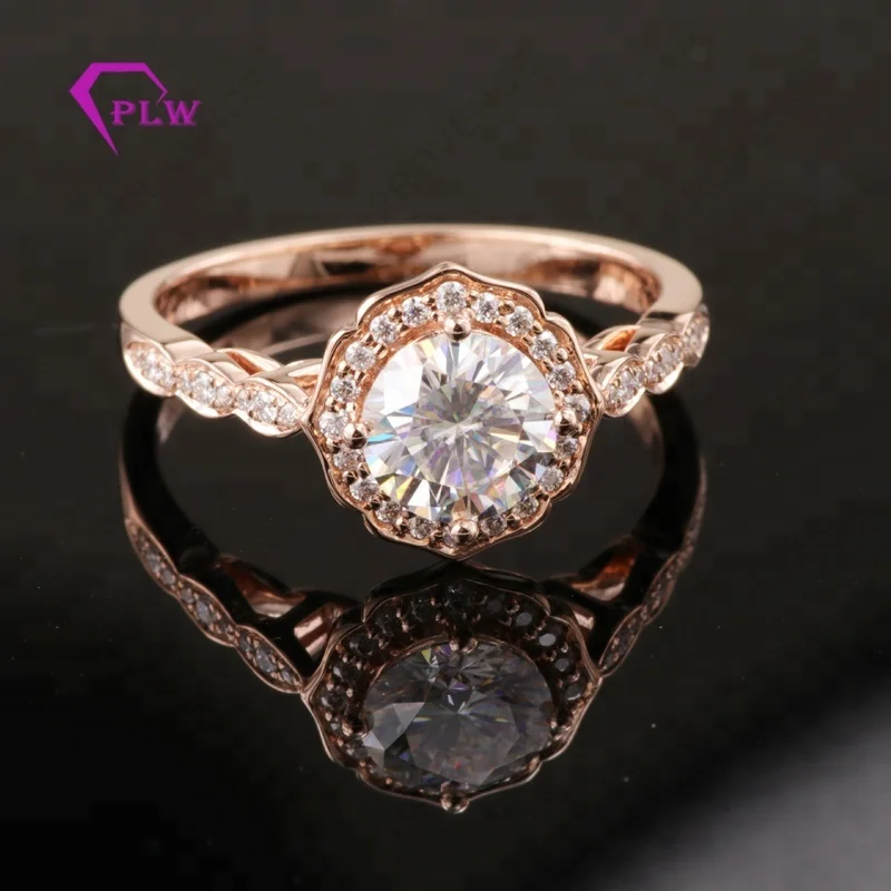 

14k rose gold halo style 1 carat brilliant VVS moissanite diamond wedding ring, White/rose/yellow gold