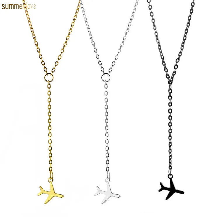 

New Arrival Fashion Gold Silver Black Airplane Pendant Aircraft Long Chain Layered Tiny Dainty Necklace Jewelry for Men Women, Golden/ silver/black