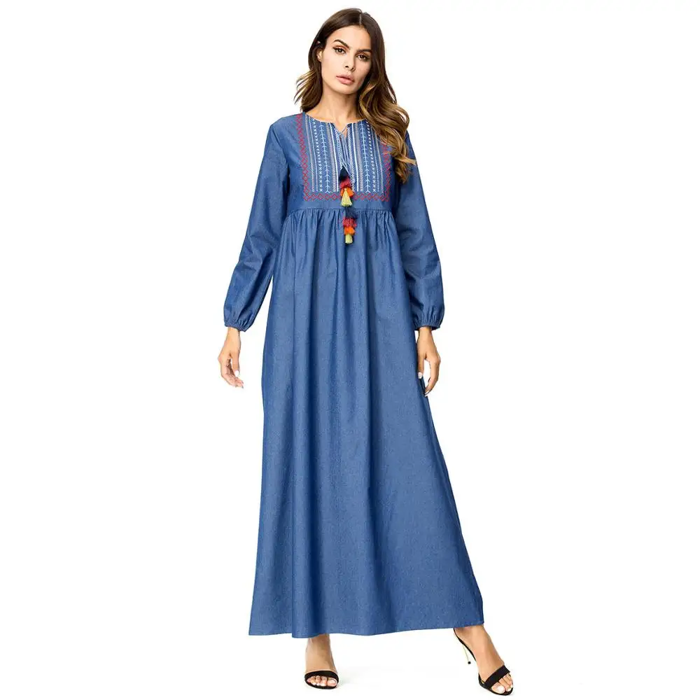 

New plus size embroidered dresses solid blue muslim style long dress denim dresses for womens muslim clothes