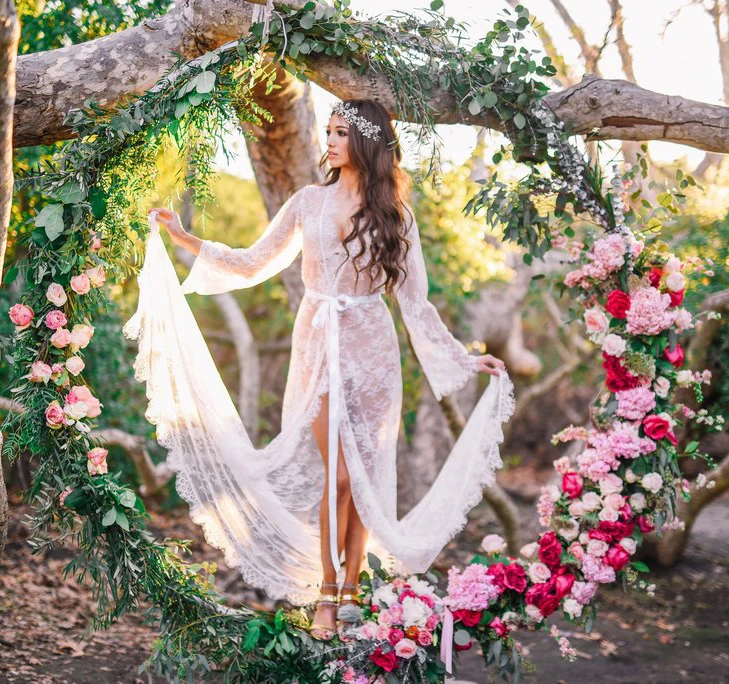 Long elegant sexy lace bridal robe for bride party