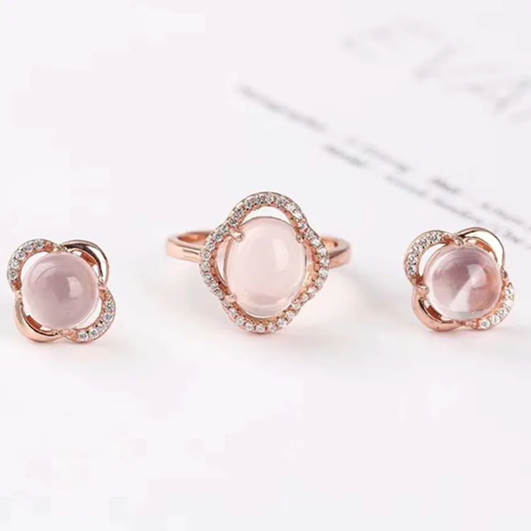 

pink gem flower shape jewelry 925 sterling silver 18k rose gold plated natural rose quartz stud earring adjustable ring set