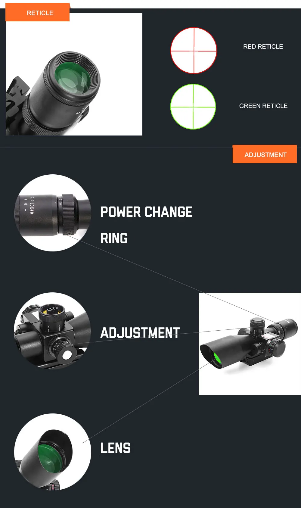Luger Hunting Scopes 2.510x40 Red Green Illuminated Reticle Scopes