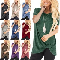 

13Colors Women's Fashion Spring Summer Casual Short Sleeve Tunic Tops Round Neck Irregular Shirts Ladies Pure Color Knot Blouses