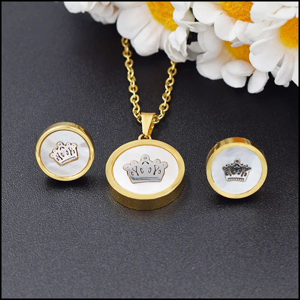 

Guangzhou wholesale Alibaba cheap children's jewelry, stainless steel crown round jewelry set, 18k gold