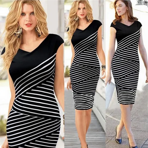 

2018 Hot sale Women's Summer Striped Sleeveless Wear to Work Casual Party Pencil Dress, Stripe