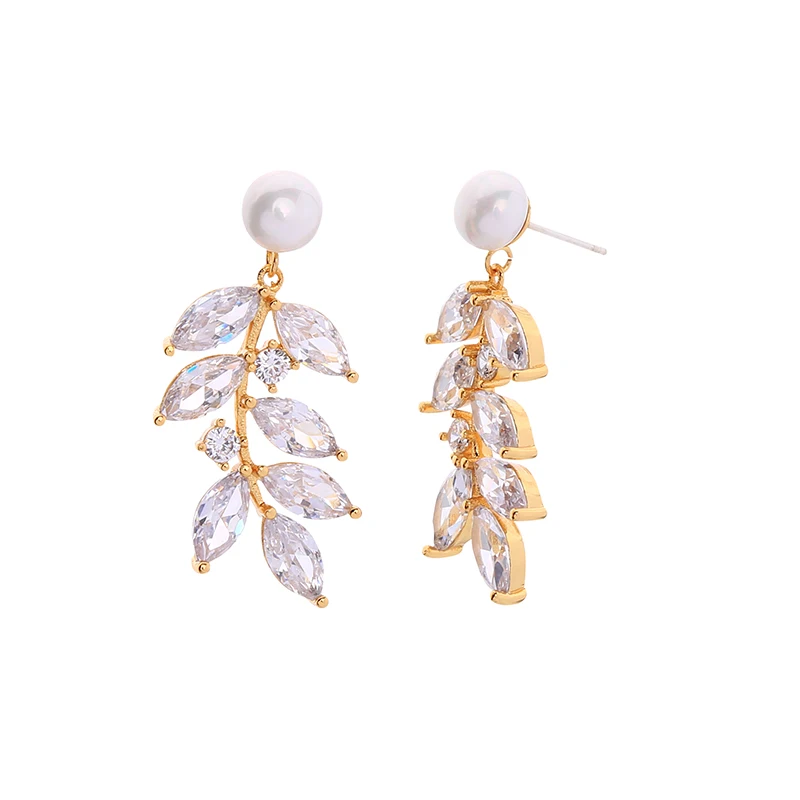 

e97931d Ebay Hot Selling White Zircon Pearl Charm Wedding Jewelry Leather Leaf Earrings, Gold