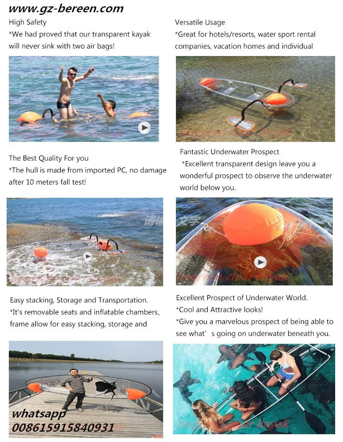 Wholesale cheap plastic see through bottom crystal clear transparent kayaks with paddles