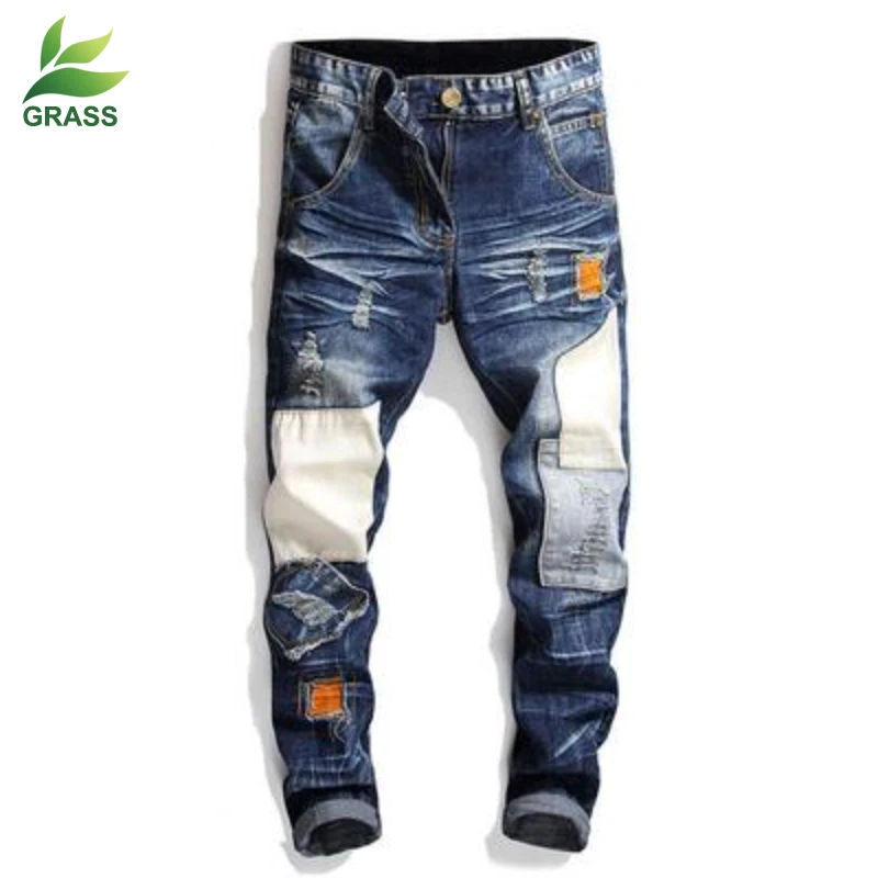 

2019 New Design Custom Logo Blue Personality Ripped Skinny Rockstar men's Jeans