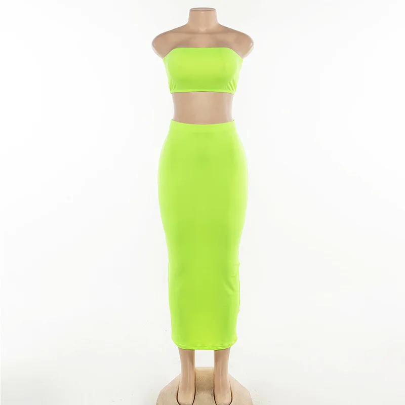 

Neon color women two pieces set strapless short crop top and long skirt outfit 2019 female fashion sexy vacation clothes