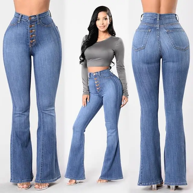 

elegant Women slim high waist denim jeans pants, Duck blue and blue