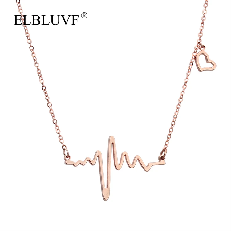 

ELBLUVF Stainless Steel Women Rose Gold ECG Heartbeat Love Cardiogram Necklace