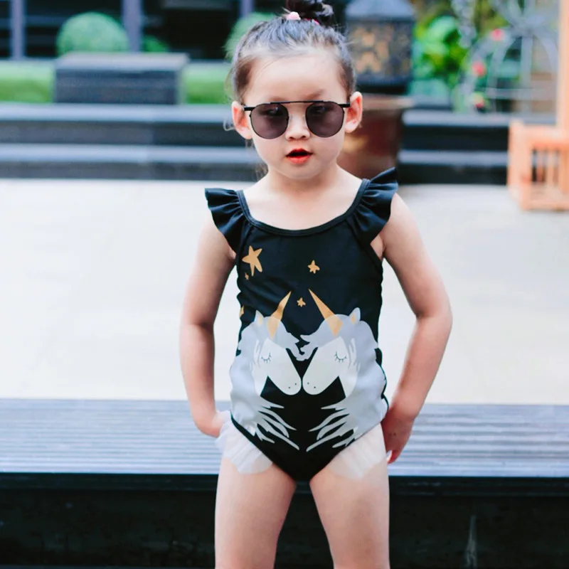 

Little Girl Fancy Swimsuit Flutter Sleeve Cute One Piece Swimwear Novelty, As show