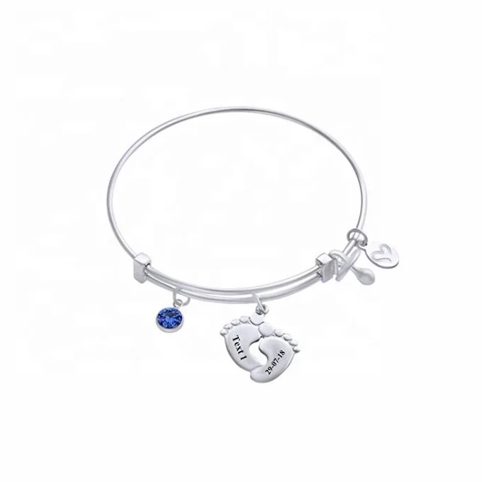 

316L Stainless Steel jewelry Personalize Engraved Name Simulated diamond Baby Feet Adjustable charms Bangle Bracelet